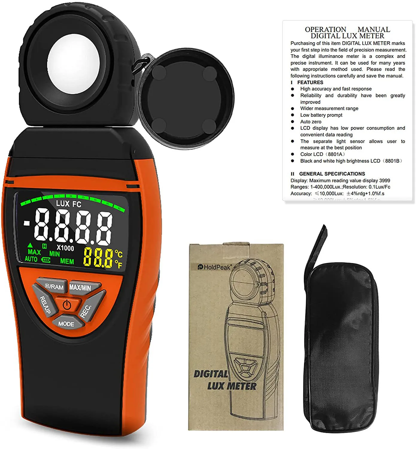 Light Meter HOLDPEAK 8801A Digital Illuminance/Light Meter 400,000 Lux Data storage Color LCD Screen for Photography Grow Plants