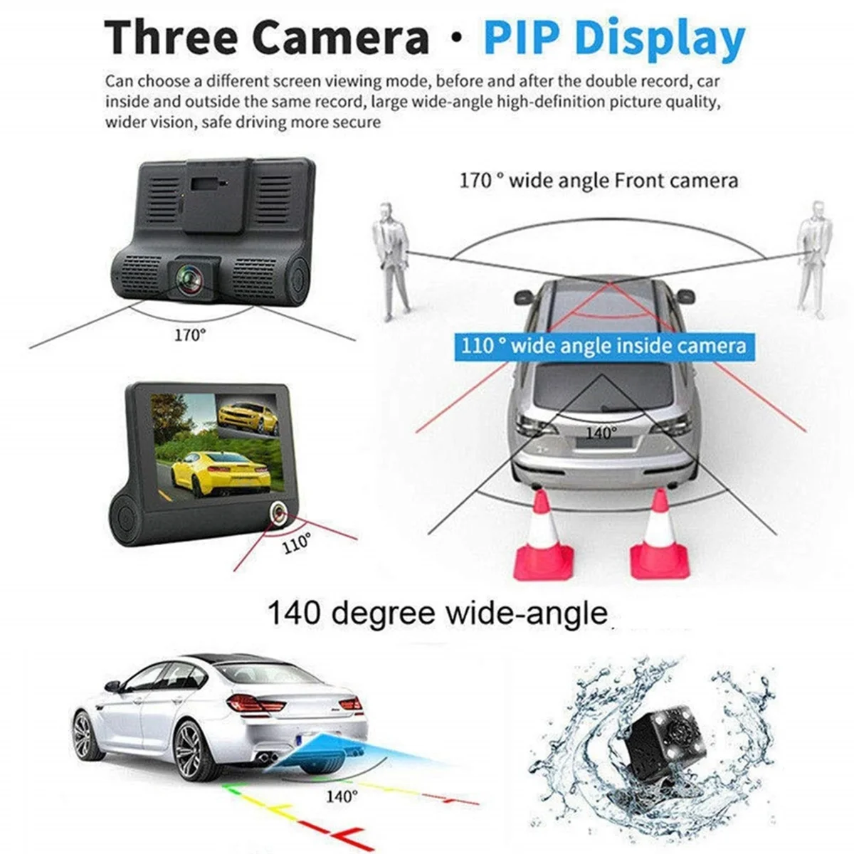 4 Inch Car DVR Dashcam Dash Camera HD Screen 1080P 3 Lens Video Recorder Front + Interior+Rear View Camera Dash Cam