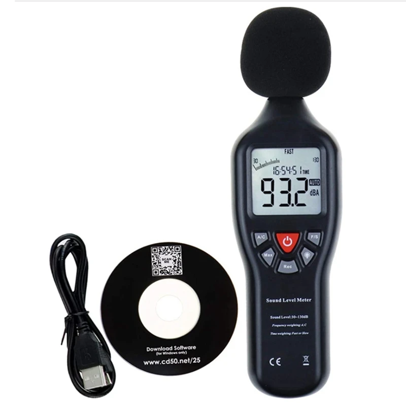 Sound Level Meter High Precision Noise Sensor Decibel Meter 30-130DB Digital LCD Noise Monitor Tester USB Noise Recorder with CD