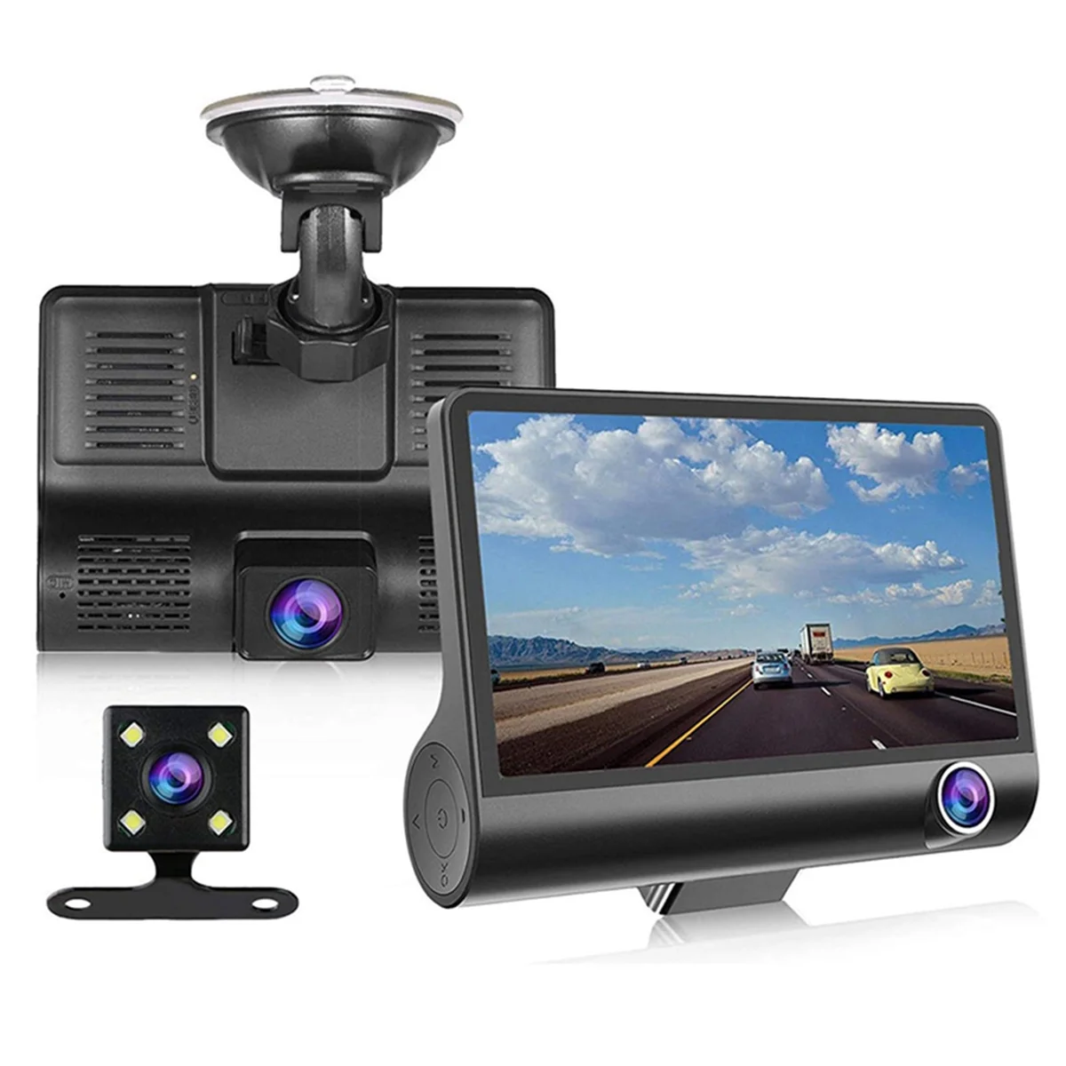 4 Inch Car DVR Dashcam Dash Camera HD Screen 1080P 3 Lens Video Recorder Front + Interior+Rear View Camera Dash Cam